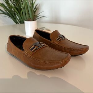 Mens Guess Tan Leather Loafers with Blue Accents